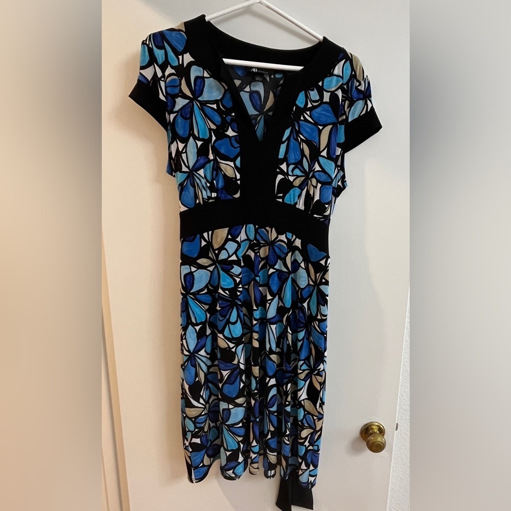 AB Studio Floral Print Tie Back Dress Jersey Knot Stretch Size Large Blue Floral